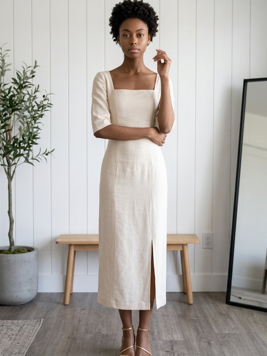 Vestido off-white da coleção, com caimento fluido